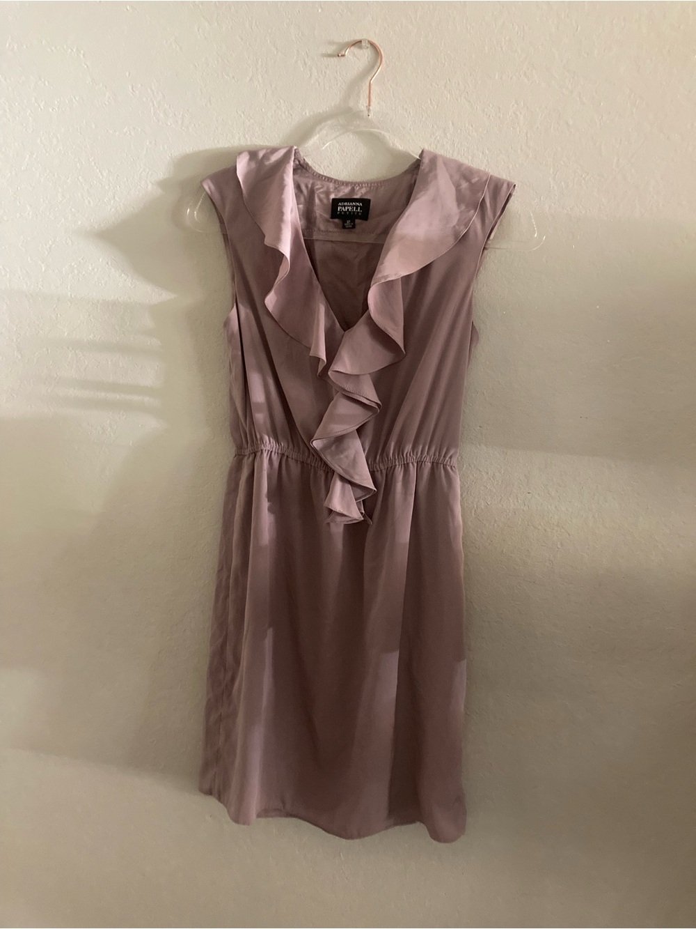 Adrianna Papell Mauve Ruffle Front V-Neck Midi Dress